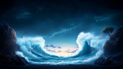 Naklejka premium Majestic ocean waves crashing against rocky cliffs at sunset