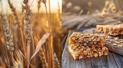 A close-up of wheat stalks in the foreground with granola bars made with oats and honey in the background. The scene has a warm, golden hue.,from crop to dish
