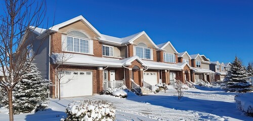 Winter sun shines on a duplex home in a North American suburb.