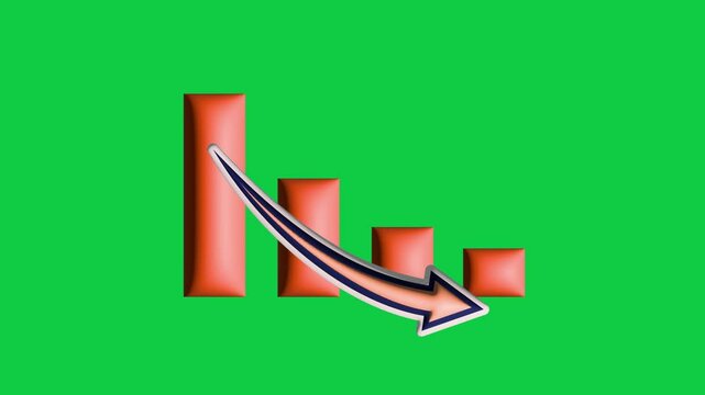 Arrows negative trends on a bar chart on a green screen background, suitable for financial, data analysis, presenting growth and decline