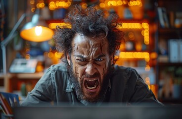 Obraz premium Frustrated Man Yelling at Laptop in Dimly Lit Room