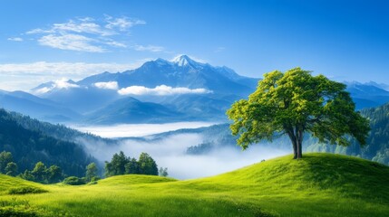 Fototapeta premium Serene landscape with a lone tree and majestic mountains