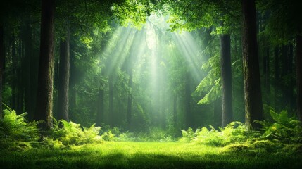 Fototapeta premium Serene forest with sunlight filtering through trees