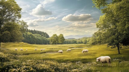 Fototapeta premium A peaceful countryside scene with sheep grazing in a meadow.