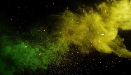 Dynamic Explosion of Green and Yellow Powder with Golden Particles. Abstract Energy and Motion Concept for Modern Posters, Digital Art, or Futuristic Design Backgrounds in High Definition
