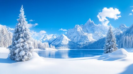 Obraz premium Serene winter landscape with snow-covered mountains and lake