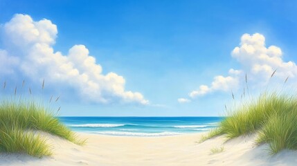 Tranquil beach scene with gentle waves and fluffy clouds
