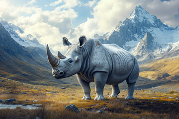 Fototapeta premium A rhino standing in a grassy field with mountains in the background