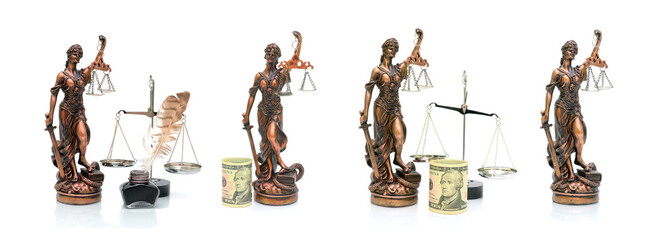 Statue of Justice, scale, ink and pen on a white background