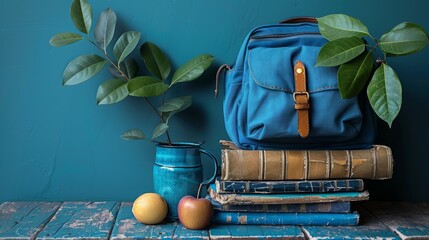 A quaint study area showcases a blue bag, stacked old books, fresh apples, and leafy branches, creating a welcoming environment for learning