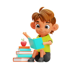 3D Illustration Boy Student Reading Book