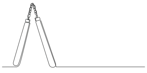 Fototapeta premium continuous line of nunchaku.drawing of one line of the traditional martial arts tool nunchaku.single line of two sticks connected by a chain or rope.isolated white background