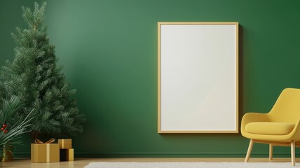 A modern interior featuring a green wall, a blank picture frame, a yellow chair, a Christmas tree, and cozy decorative elements.