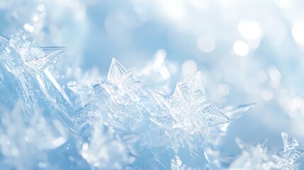 Macro ice crystals sparkle in sunlight, forming frozen star shapes with shallow depth of field, creating a mesmerizing winter display