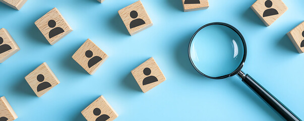 A magnifying glass placed over wooden cubes featuring people icons on a blue background. This image represents recruitment and job search concepts with a clear, modern visual style for business