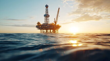 Offshore Oil Barrel on Drilling Platform - Metallic Shine Amidst Ocean Waves and Pump Jack Extracting Energy
