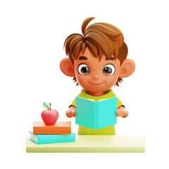 3D Illustration Boy Student Reading Book