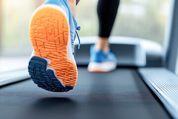 A close-up of a runner’s shoe on a treadmill, symbolizing fitness, movement, and exercise motivation. 