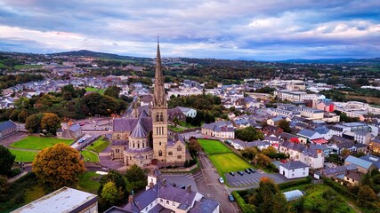 Aerial view over the town of Letterkenny in Ireland in the evening - a breathtaking scenic...