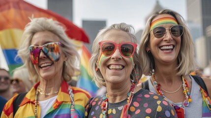 Obraz premium Celebration of diverse LGBTQ couples of various ages enjoying a vibrant festival atmosphere filled with joy, love, and unity in the city on a sunny day