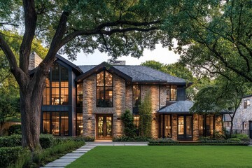 Obraz premium Architectural series features an exquisite home framed by mature trees.