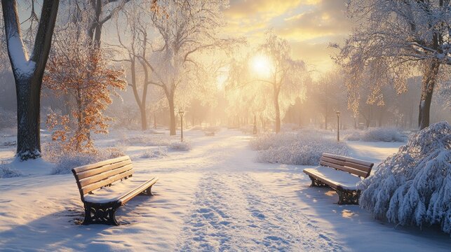 A snowy park pathway with benches and trees on a sunny winter day.