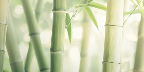 Fototapeta premium Lush green bamboo stalks grow wildly, creating a peaceful background perfect for zen atmosphere. Vibrant foliage adds elegance to serene setting, ideal for mindfulness