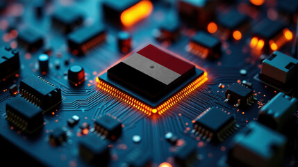 Fototapeta premium A microprocessor with the Yemen flag is embedded on a circuit board, highlighted by glowing lights, showcasing influence in global semiconductor and computing technology.