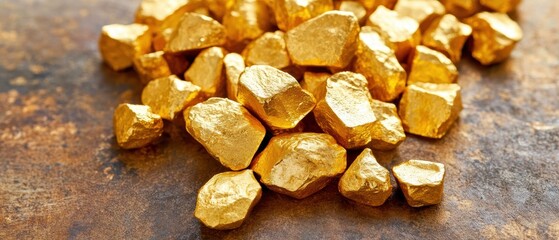 Natural gold nuggets on a rustic surface, showcasing their unique textures and shine.