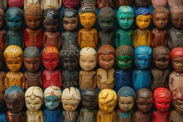 The concept of diversity of cultures and ethnicity in society. Many human figures of different colors.