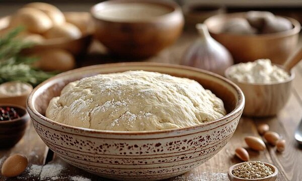 A bowl of rising dough, prepared for baking.