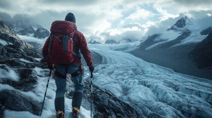 Adventurous backpacker climbing a glacier with ice axes and crampons, 4K hyperrealistic photo