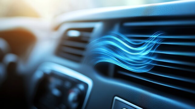 Close-up Of Car Air Conditioning Vent Blowing Cool Air, Automotive Climate Control System.