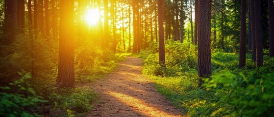 Obraz premium Sunlight filters through trees, illuminating a serene forest path surrounded by lush greenery and vibrant foliage.