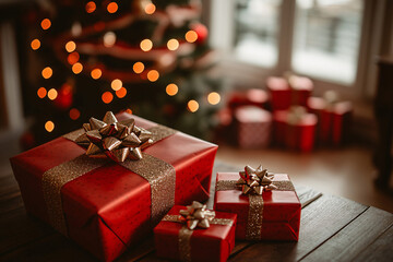 empty  table top with blur background of Christmas, abstract blurred Christmas decorations background
