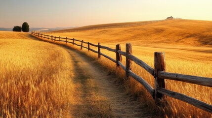 Obraz premium A rustic wooden fence meandering through a field of golden wheat under a clear sky.