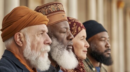 Diverse religious leaders unite in peaceful gathering to promote harmony and understanding in a historic setting