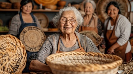Elderly individuals from diverse backgrounds gather in a workshop to share traditional weaving techniques and create handcrafted baskets during a vibrant community event