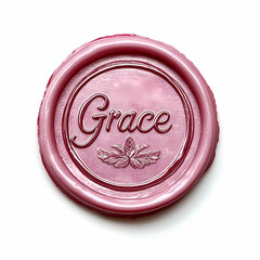 Light pink wax seal stamp with Grace text and leaf design, elegant and delicate