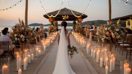 A serene interfaith wedding ceremony at sunset on the beach, featuring a beautifully decorated aisle lined with candles and flowers, creating a romantic atmosphere