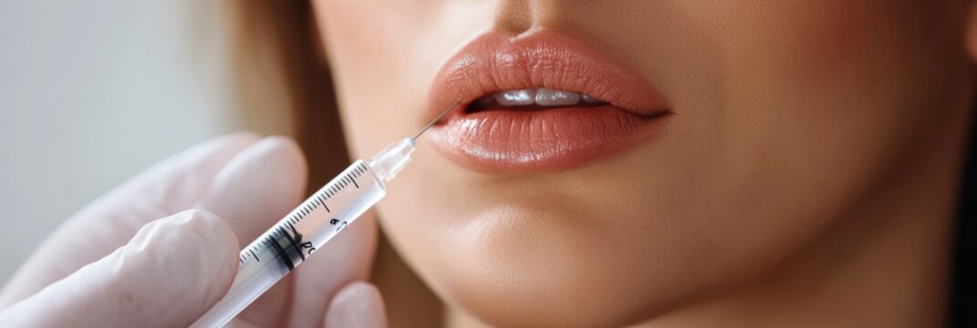 A beautiful woman is receiving a hyaluronic acid injection to enhance her lips and rejuvenate her skin in a clinical environment. Generative AI