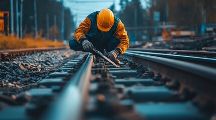 A skilled worker is focused on adjusting railway tracks as the sun sets, highlighting the beauty of craftsmanship in a serene landscape