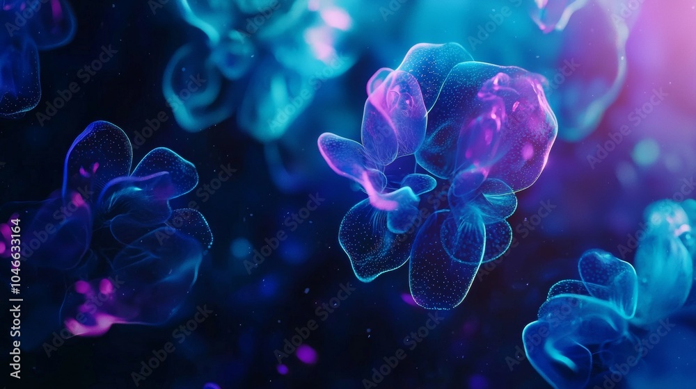 Poster captivating abstract background with blue and purple particles floating in dark space. creating a fu