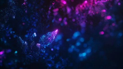 Obraz premium Glowing particles form leaf shapes in a dark blue and purple abstract background, blending nature and technology with a touch of artistry