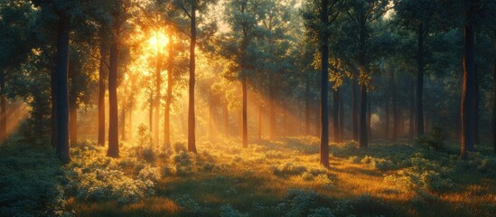 Sun rays through the trees in a misty forest.
