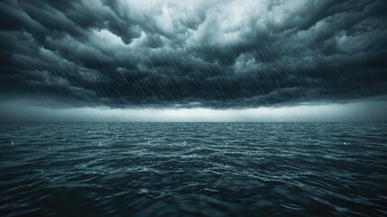 Dark stormy clouds over a calm ocean horizon, dramatic sky scene.