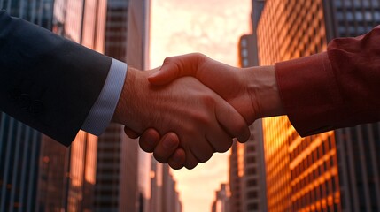 Two individuals shake hands against a city skyline at sunset, symbolizing partnership and collaboration in a professional environment.