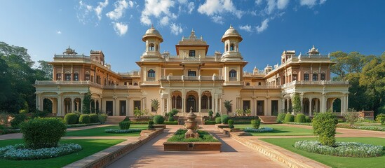 Obraz premium A large, yellow palace with a central courtyard and gardens. The palace has a symmetrical design with two towers on either side of the main entrance. There are trees and shrubs surrounding the palace.