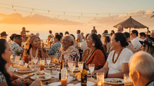 Joyful Pacific Islander cultural celebration at sunset with traditional food, music, and vibrant community gathering by the ocean