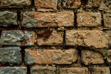 Textured brick wall with layers of weathering showcasing rich earth tones and rustic charm in an urban setting